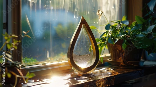 Positioned on a sunlit windowsill, a teardrop-shaped golden frame captures the fleeting beauty of a dew-kissed morning garden. photo