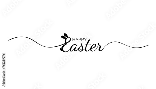 Isolated lettering written in calligraphy Happy Easter. Black text with bunny ears and tail on a white background. Wavy ribbons on the sides of the text. Element for design of banner, poster on web
