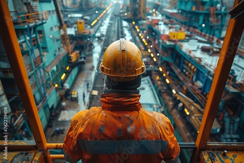 A worker in protective gear observes an industrial site from a high vantage point, with machinery below