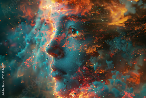 Visions of the Digital Soul: Intricate digital portrait with vibrant cybernetic patterns 