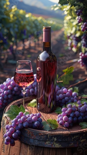 A serene vineyard scene at sunset: a wine bottle, glass, and barrel surrounded by lush grapevines
