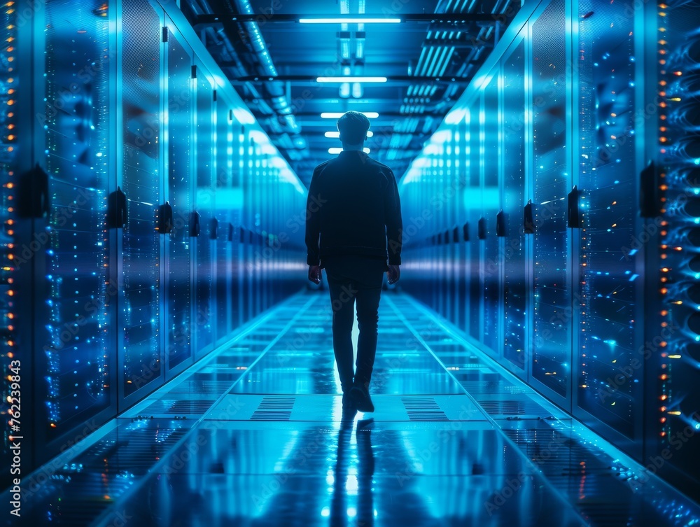 Man Walking Through Server Room Man Walking Through Server Room