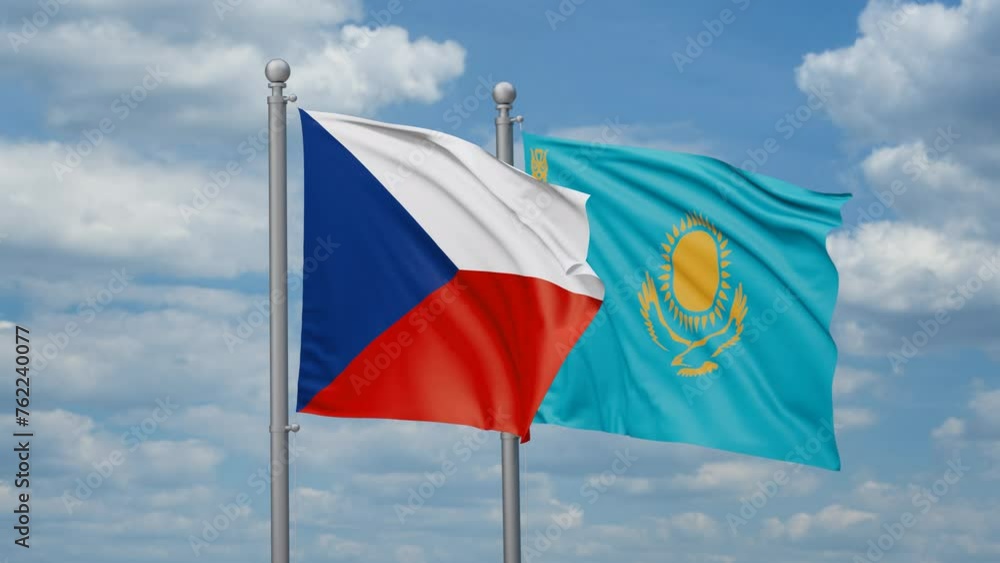 Kazakhstan and Czech two flags waving together, looped video, two country cooperation concept Kazakhstan and Czech two flags waving together, looped video, two country cooperation concept