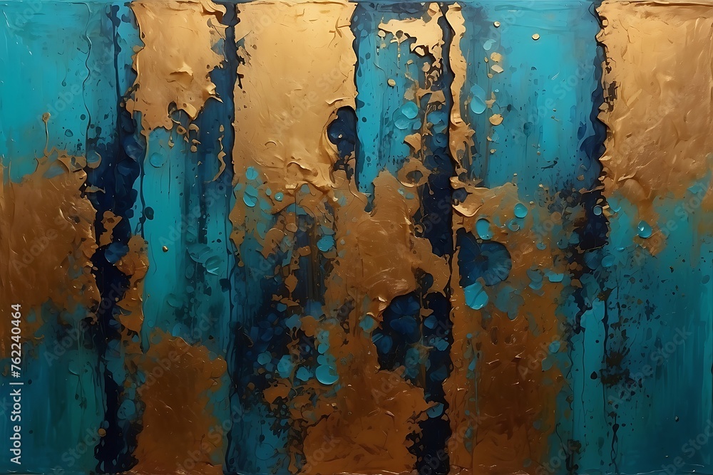 Blue and gold paint on metal surface. Abstract background