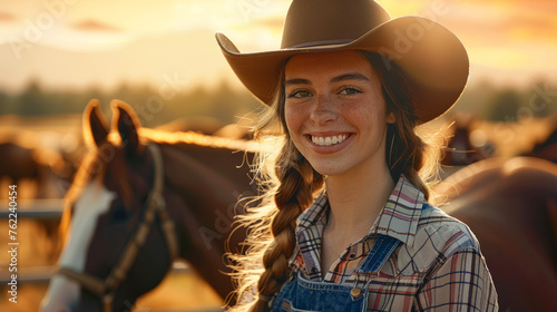 A woman wearing a cowboy hat and a plaid shirt is smiling at the camera. She is standing next to a horse. Young smiling 1900s cowboy woman with a light brown cowboy hat and plaid shirt and blue pant photo