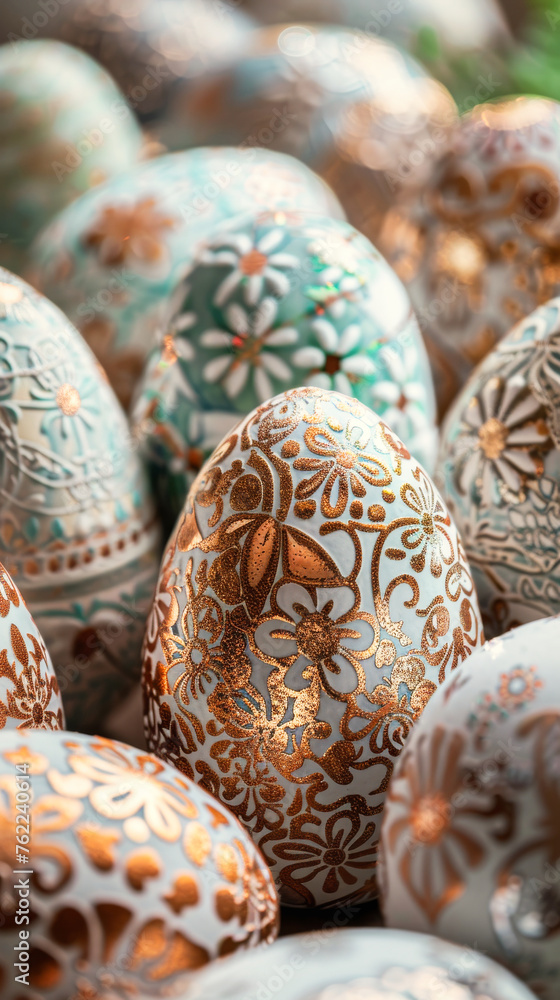 Close up of Easter eggs decorated with intricate patterns Close up of Easter eggs decorated with intricate patterns