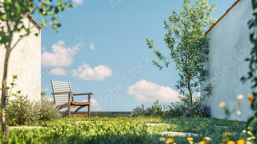 A chair stands in the sunny spring garden yard, with green grass and a small tree on one side of a white wall