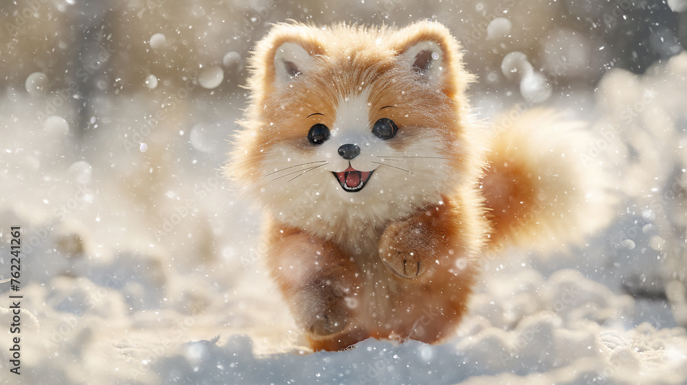 fox, fluffy plush children's toy running through the winter snow, snowfall, snowflakes falling cold christmas season, greeting card