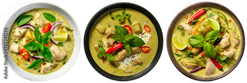 Set of Bowl of Thai green curry, top view, isolated on transparent background