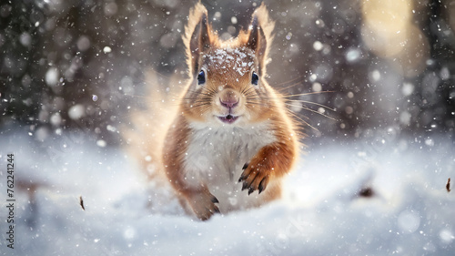 squirrel in winter, a cute fluffy squirrel in the wild runs through fluffy snow in a snowfall in a dynamic pose © kichigin19