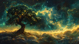 pintura brillante de un árbol con estrellas en el cielo