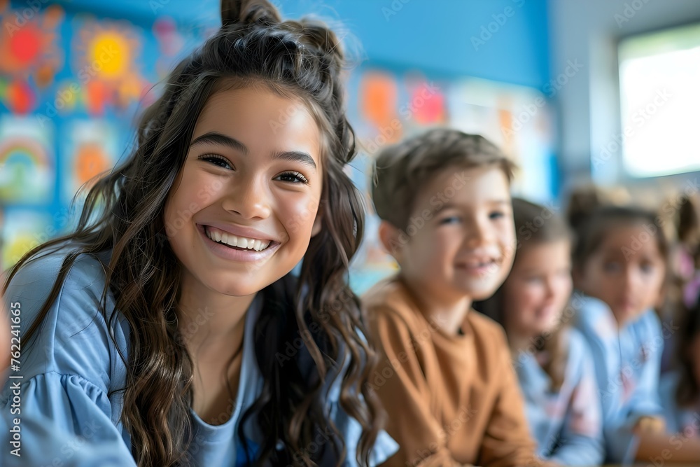 Excited children learning in a classroom with a female teacher. Concept Children's Education, Classroom Learning, Female Teacher, Excited Students, Educational Environment Excited children learning in a classroom with a female teacher. Concept Children's Education, Classroom Learning, Female Teacher, Excited Students, Educational Environment