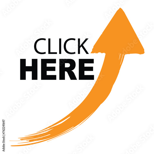 click here banner. click here sticker with paint brush drawn arrow, transparent vector symbol for social media, website, video, or print.