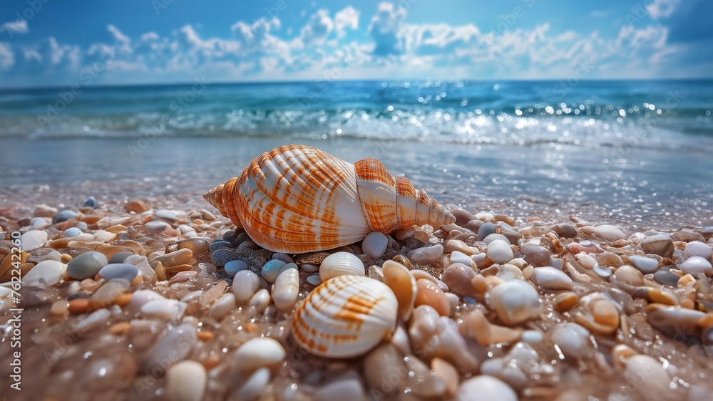 Muscheln und Steine am Strand mit Meer als Hintergrundmotiv für Wellness, ai generativ - obrazy, fototapety, plakaty 