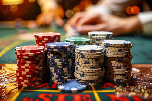 Poker chips with a blurred background on the casino table.