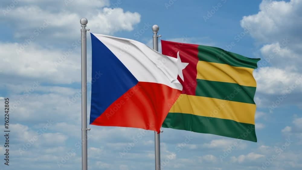 Togo, Togolese Republic and Czech two flags waving together, looped video, two country cooperation concept Togo, Togolese Republic and Czech two flags waving together, looped video, two country cooperation concept