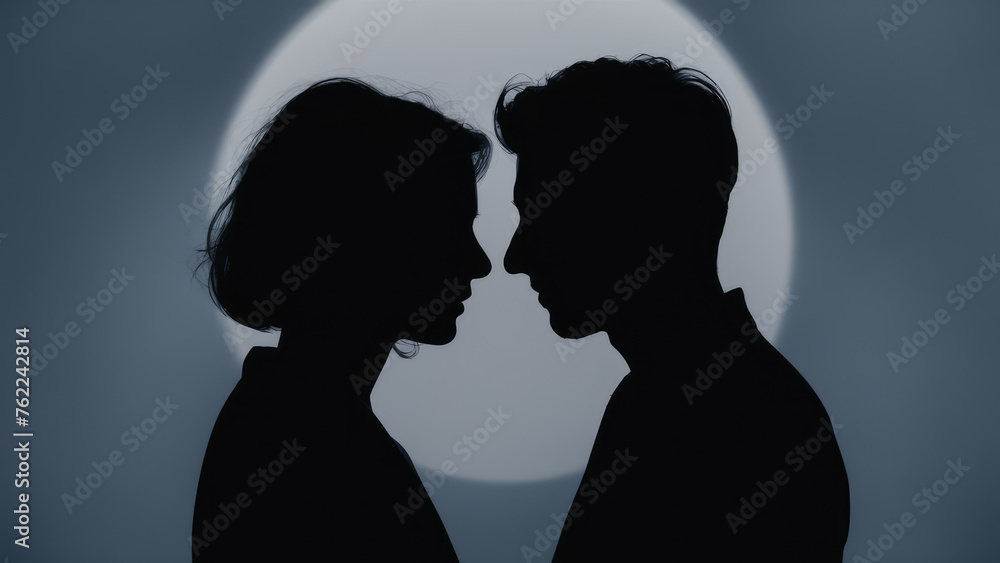 Two People Face Each Other in Front of Full Moon. Concept Isolation and Intimacy