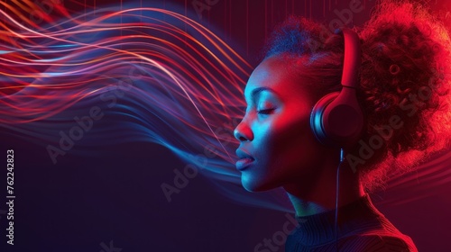 A vibrant image capturing the essence of music and technology with a person immersing in neon lights and sound