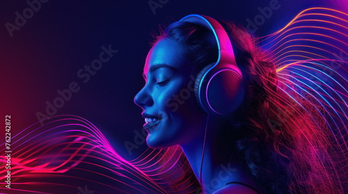 An artistic representation of a person in profile with headphones illuminated by colorful streaks of light, vibing