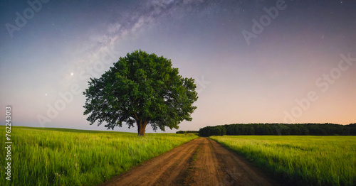 Serene rural landscape at night  with starry sky casting gentle light over peaceful farm field.