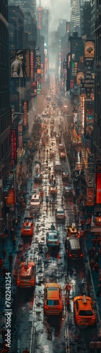 A bustling city street unfolds, captured in a dynamic aerial shot with the camera swooping among the urban chaos The scene bursts with vibrant overcast lighting, enhancing the details of the busy pede