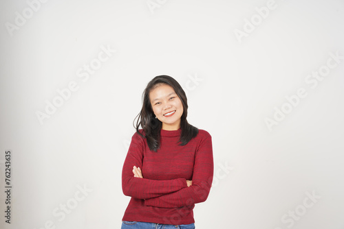 Young Asian woman in Red t-shirt crossed arms and smiling at camera isolated on white background