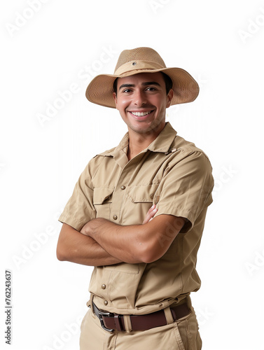 smiling zookeeper man with starw hat cross his arms over hischest , isolated on white