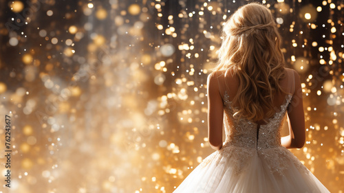 Back view of a woman in a wedding gown with bokeh background