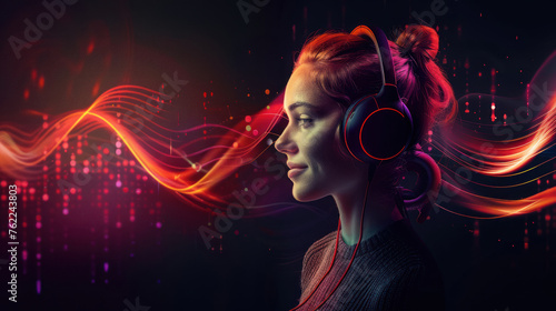 Stylized design profiles headphones enhanced by abstract purple sound waves on a dark background