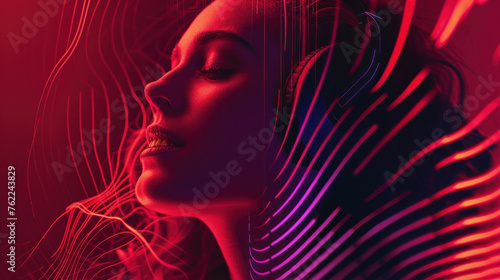 A beautiful abstract scene with vibrant red light curves surrounding a central square shape