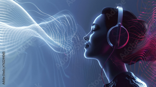 Depicting a female enjoying music with a side profile overlaid by glowing white and blue abstract lines inspired by sound waves photo