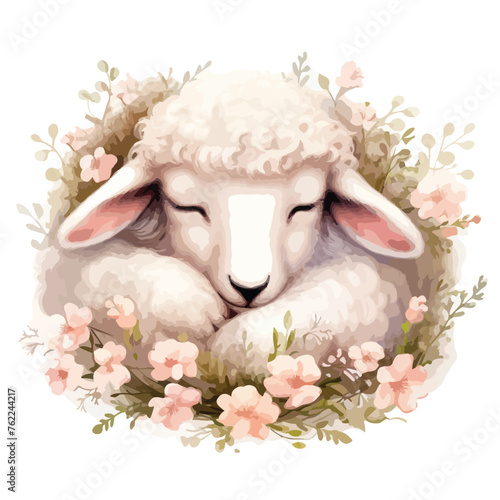 Fototapeta Naklejka Na Ścianę i Meble -  Sleeping Sheep And Flowers Clipart 