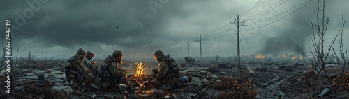 Amidst a dystopian landscape of barren land and toxic skies, a group of survivors huddles around a flickering campfire, clad in makeshift protective gear This scene is depicted in a gritty, photo-real photo