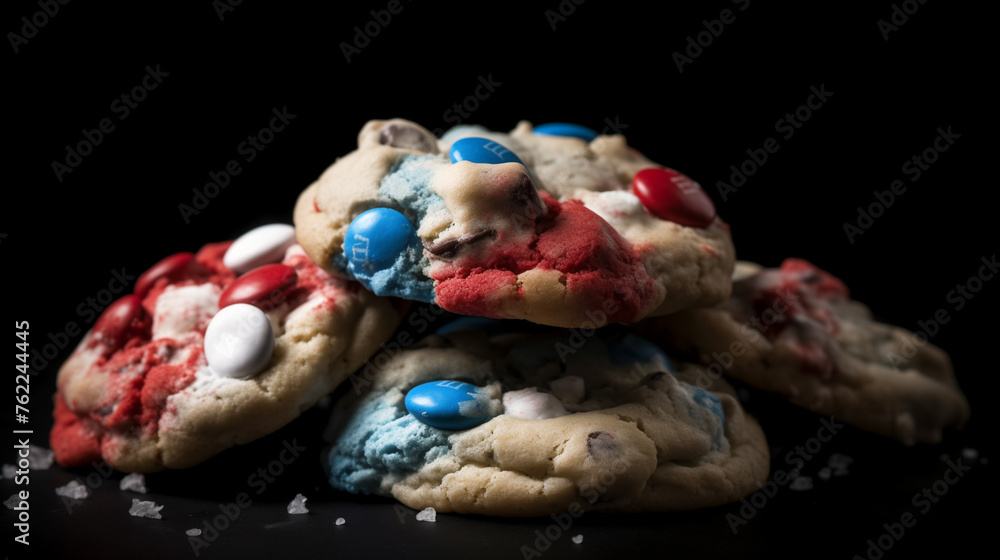 photo of red white and blue cookies in a studio setting, zoomed in, macro, black background