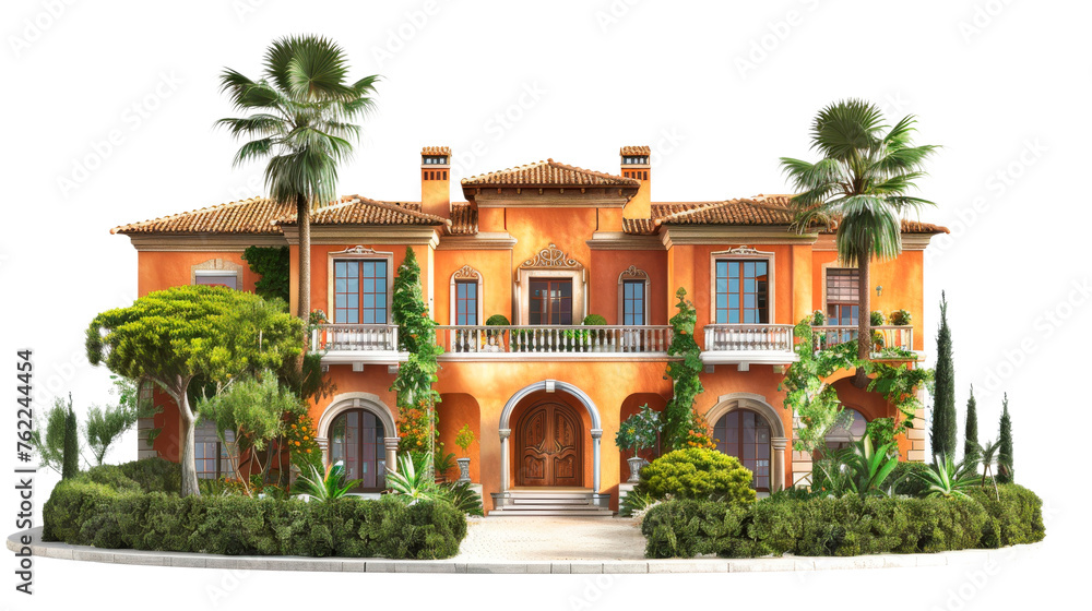 Italian villa With Palm Trees and Bushes - Cut out, Transparent background