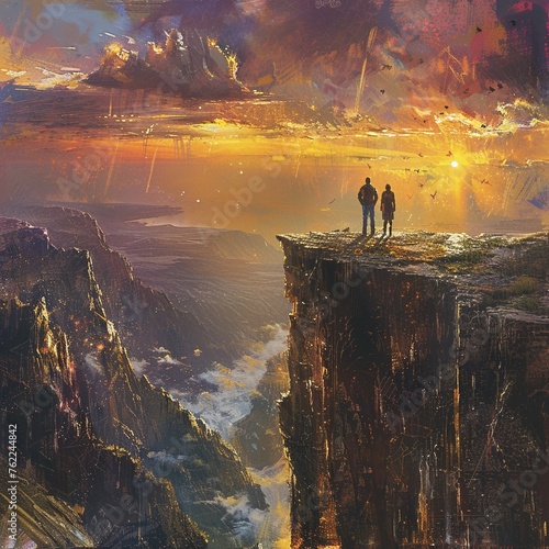 Two figures stand on a cliff edge overlooking a vast, unexplored landscape The setting sun bathes the scene in a warm, ethereal glow, emphasizing the sense of shared discovery and adventure A painterl photo