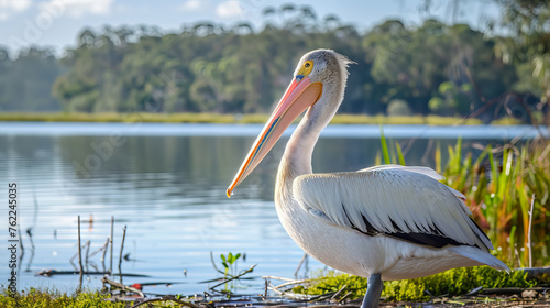 close up side view of the Pelican Pelecanus onocrotalus with large white feathers sunbathing. wildlife with nature background.
