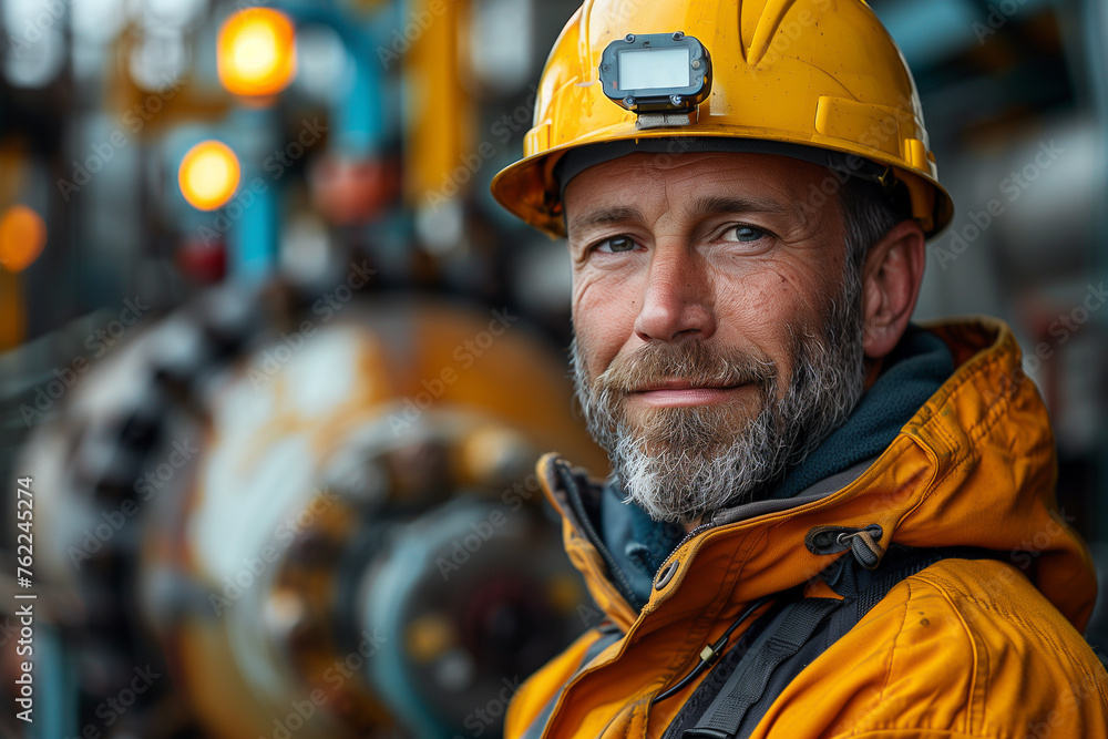 Worker Man in hard hat in front of large industrial pipe Worker Man in hard hat in front of large industrial pipe