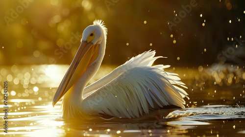 Great white pelican skimming the lake surface in the beautiful sunset rays of the sun. wildlife with nature background.