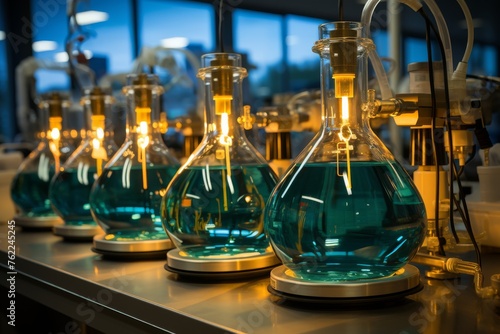 Green Glass Flasks on Table