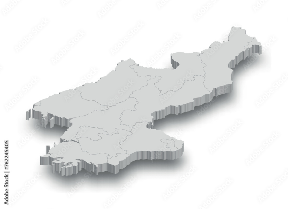 3d North Korea white map with regions isolated
