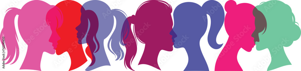 diverse women head silhouettes, unity concept. Vibrant hues, variety, inclusivity. Ideal for female empowerment, diversity campaigns. focus on colored woman silhouettes
