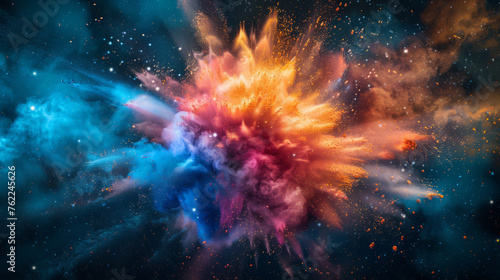 A vibrant explosion of colors representing a cosmic event, with hues of blue, orange, and purple blending into a dazzling abstract background.