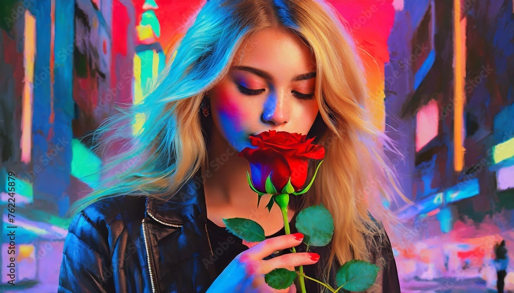 Fototapeta premium Young And Attractive Blonde Woman Smelling A Red Rose In A Colorfully Lit Night Time City