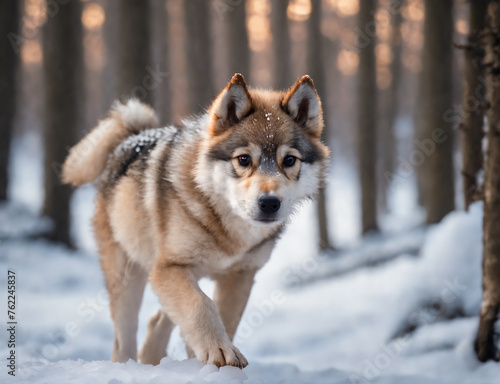 Young puppy Wolf in a snow covered forest.