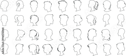 head line art Vector illustration of diverse head silhouettes, perfect for psychology, identity, character study visuals. Unique shapes and sizes, black outlines on a white background