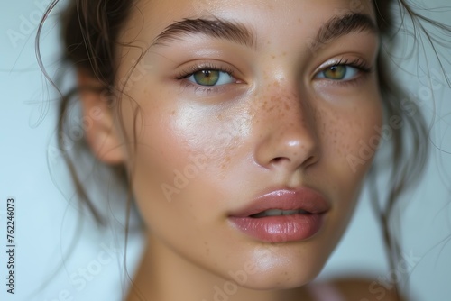 Woman with natural, dewy skin and minimalist makeup, embracing simplicity, soft pastels