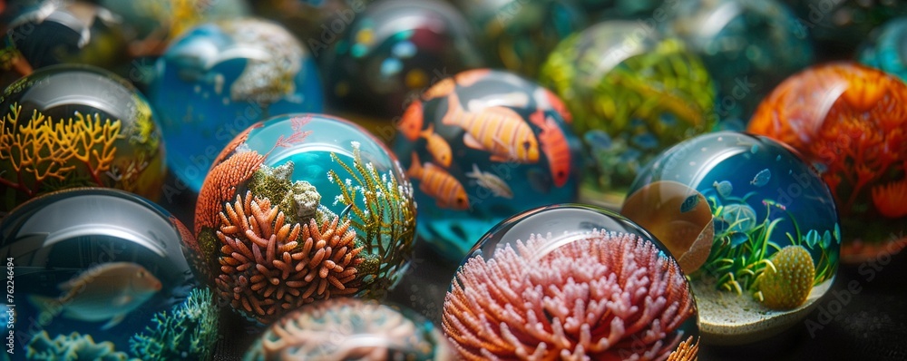 In a vibrant and colorful display, spherical balls beautifully painted to replicate various ecosystems like lush rainforests, arid deserts, and serene underwater worlds Realistic, Vivid colors, Natura