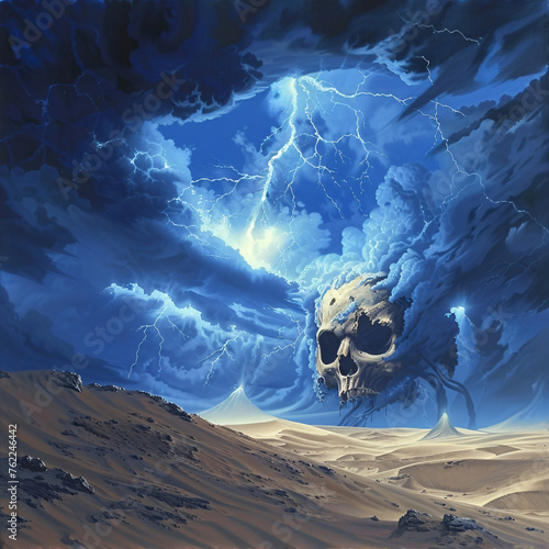 Stormy desert scene with a skull formed from clouds, illuminated by lightning photo