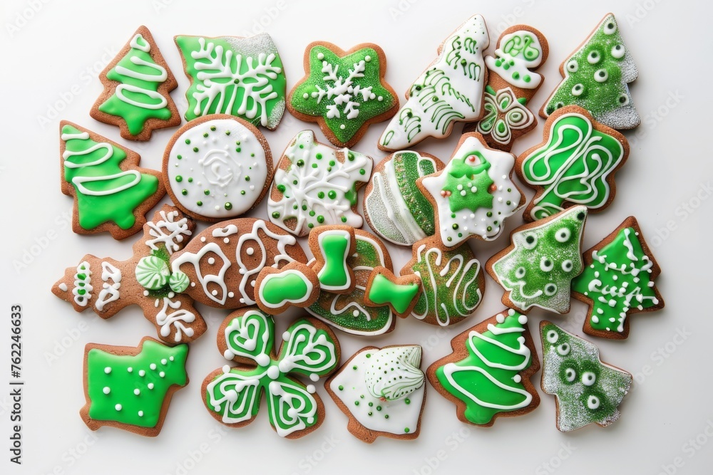 Assortment of Christmas shaped cookies decorated with white and green icing in a pile on white table. Top view. Horizontal composition.